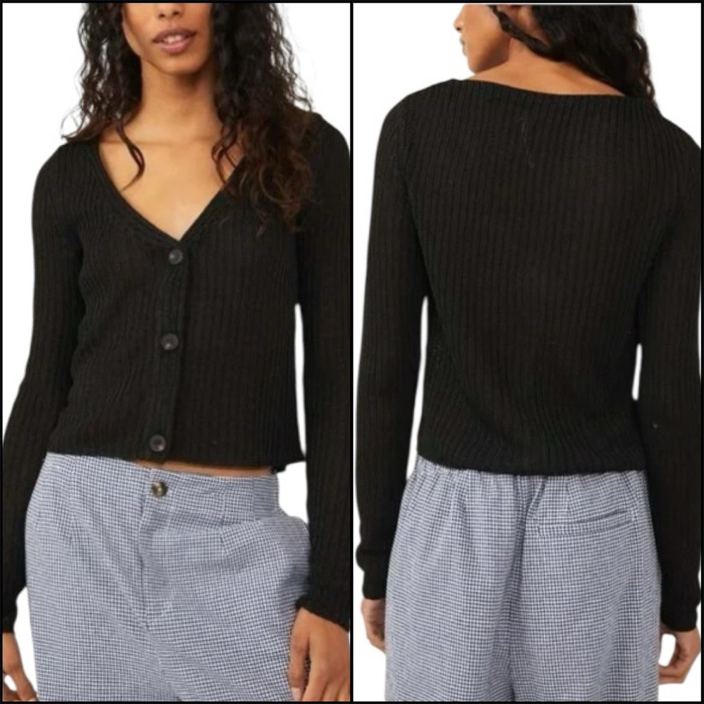 Free‎ People Game On Ribbed Cardigan Size XS Black Basic Staple Minimalist